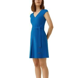 KAREN MILLEN Belted Dress GORGEOUS COLOR Blue V-Neck Size US 6 Office Career